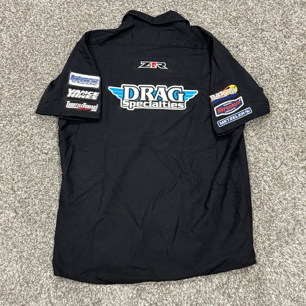 Y2K Throttle Threads Racing Mechanic Shirt Drag Specialties Patches Mens Large - Picture 3 of 7